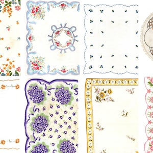 Vintage Floral Linens - Printable Ephemera Set #65 - 22 Page Instant Download - junk journal kit, ladies hanky, slow stitch