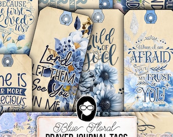 Blue Junk Journal Tags,Prayer Journal Digital, Journaling Tags -3pg Instant Download- Bible Verse Cards, Vintage Printable Tags,Ephemera Kit