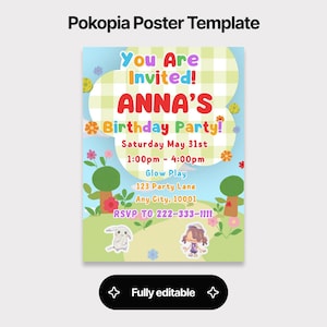 May include: A colorful birthday party invitation with the text "You Are Invited! ANNA'S Birthday Party!" on a light blue and green background. The invitation includes the date, time, location, and RSVP information.