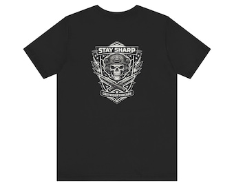 Stay Sharp Skull Shield Graphic Tee, Military Operator Style Apparel
