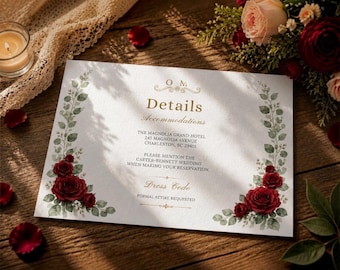 Plantilla editable para tarjeta de detalles de boda con rosas rojas / Inserto floral romántico en lienzo / Descarga instantánea imprimible