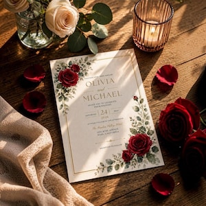 May include: A rectangular wedding invitation card with cream-colored paper and gold border lines. The text reads Olivia and Michael, Saturday 24 May 2026, The Garden Valley Avenue, Napa, California. It features watercolor red roses and green leaves.