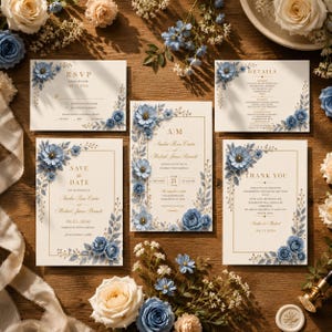 Modello modificabile per inviti di nozze color blu polvere / Set romantico floreale su tela per matrimoni / Download immediato stampabile