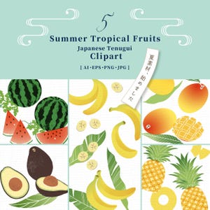 Summer Tropical Fruits Clipart Bundle | Watermelon Banana Mango Pineapple Avocado | Japanese Tenugui Style PNG, AI, EPS | Commercial Use