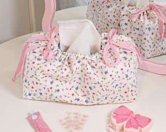 Reversible Fabric Drawstring Tissue Box Cover with bow for Kleenex & Puffs – Floral and Pink Stripes