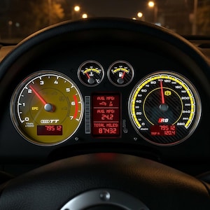 May include: Car dashboard with illuminated gauges. The speedometer shows 193 km/h, and the tachometer indicates 6,000 RPM. Digital displays show average MPG and total miles. The dashboard is black with yellow and carbon fiber accents.