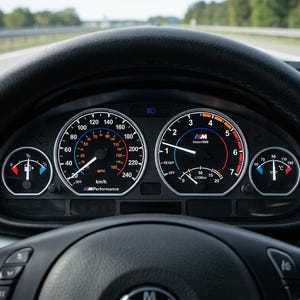 May include: Car dashboard with a black steering wheel and gauges displaying speed in km/h, RPM, and fuel levels. The speedometer shows around 100 km/h. The car is on a road, with a view of the highway ahead.
