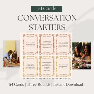 Peut inclure: Un jeu de cartes de démarrage de conversation avec le texte "54 Cartes CONVERSATION STARTERS". Les cartes sont beiges avec une bordure dorée et comportent des questions telles que "Quel est le repas qui vous ramène instantanément à l'enfance ?"