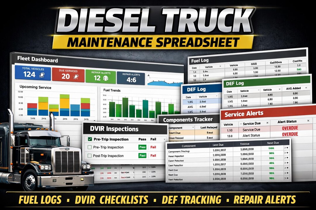 Diesel Truck Maintenance Tracker Spreadsheet | Fuel Log MPG and Service ...