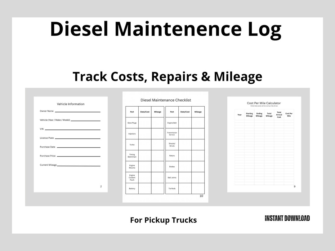 Diesel Truck Maintenance Log | Pickup Service and Repair Tracker | DEF ...