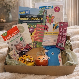 May include: A gift box filled with craft supplies and treats. Includes a "Craft-it!" activity book, "Candy Kittens" sweets, a hot chocolate cup, and bug-themed craft kits. The box contains various colorful craft items and toys.