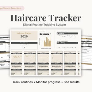 Könnte beinhalten: Eine digitale Haarpflege-Tracker-Vorlage für 2026, konzipiert zur Verfolgung von Routinen, Überwachung des Fortschritts und Anzeige von Ergebnissen. Die Vorlage enthält Diagramme und Grafiken zur Datenvisualisierung. Der Text lautet "Track routines • Monitor progress • See results."