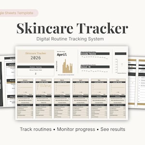 May include: A digital skincare tracker template with the title "Skincare Tracker" and the year "2026". The template includes sections for tracking routines, monitoring progress, and seeing results. The template is designed for digital use.