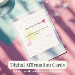 Może przedstawiać: Cyfrowe karty afirmacyjne z tekstem "A Note For Your Heart" i "I am beautiful. My body deserves tenderness and gratitude." Karty mają różowo-biały design z ilustracją motyla. Widoczny jest również tekst "Digital Affirmation Cards".