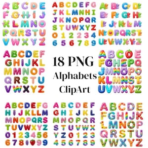 Może przedstawiać: Kolekcja 18 zestawów clipartów PNG z alfabetami w różnych kolorach i stylach. Każdy zestaw zawiera litery A-Z i cyfry 0-9, a niektóre zestawy zawierają elementy dekoracyjne. Wyświetlane są również słowa "Alphabets" i "ClipArt".