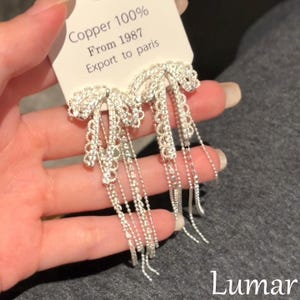 Bow Tassel Earrings S925 Sterling Silver Lace Ribbon Dangle Coquette Aesthetic Jewelry Bridal Wedding Earrings Long Chain Studs Gift for Her