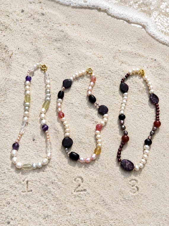 Freshwater Pearl and Amethyst Beaded Necklace with Citrine Quartz & Obsidian, Handmade Crystal Gemstone Jewelry, Choose from 3 Designs