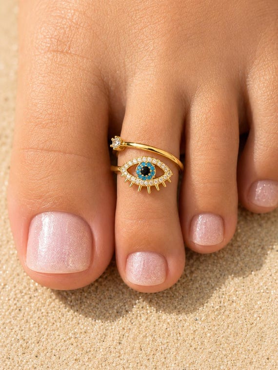 Adjustable Gold Toe Ring with Turquoise Evil Eye, 18K Gold Plated Stainless Steel Foot Jewelry, Summer Beach Midi Knuckle Ring