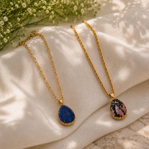 Natural Gemstone Teardrop Necklace with Gold Tone Chain, 17 Stone Choices, Lapis Lazuli Black Onyx & Green Aventurine, Layering Necklace