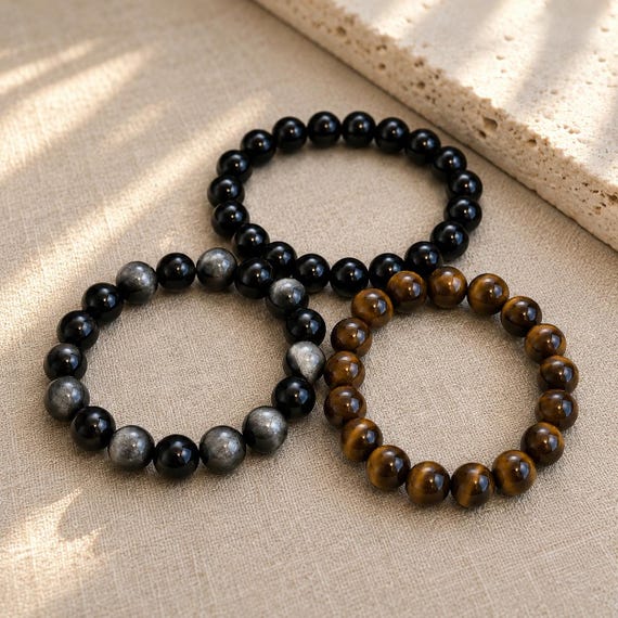Natural Gemstone Stretch Bracelet, Tiger Eye Black Tourmaline & Silver Obsidian Bracelet, Protection Jewelry