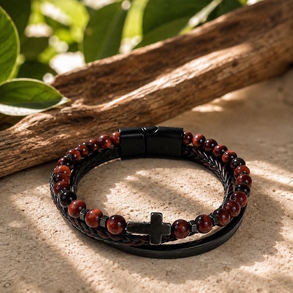 Red Tiger Eye Leather Bracelet for Men with Cross | Natural Gemstone Beaded Triple Strand with Magnetic Clasp