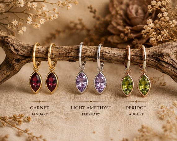 Minimalist Birthstone Drop Earrings, Gold Hoop Personalized Jewelry, Maid of Honor Gift