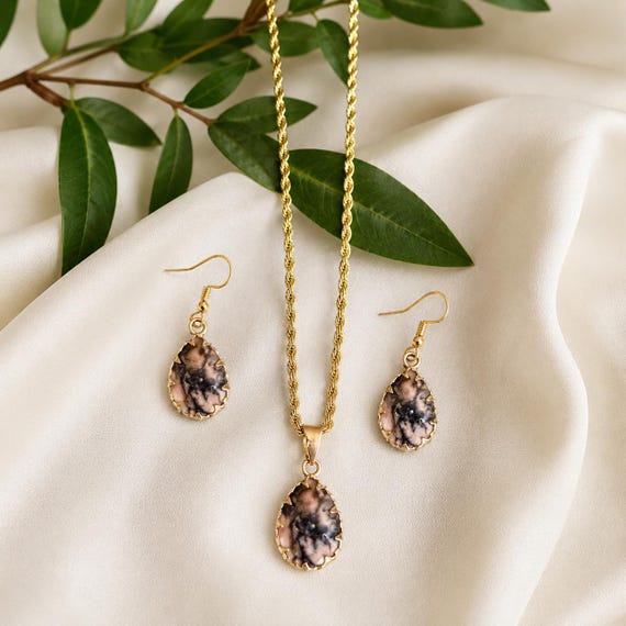 Natural Gemstone Teardrop Necklace Earrings Set, Gold-Tone Rope Chain Jewelry