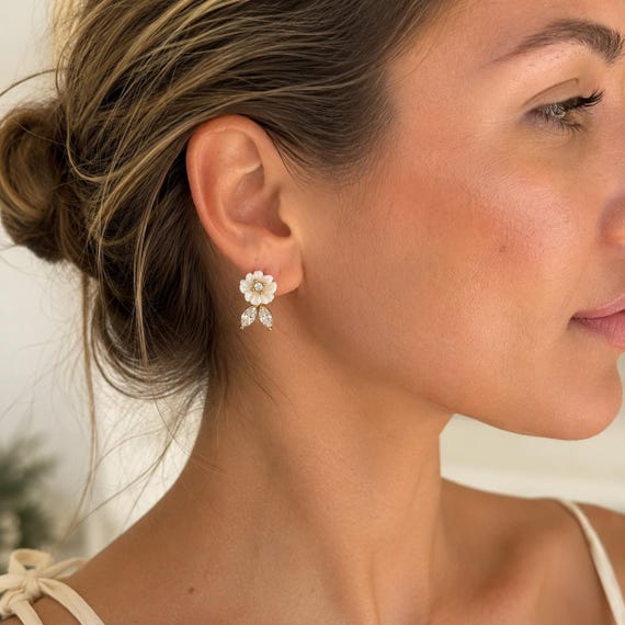 Mother of Pearl Flower Hoop Earrings in Gold or Silver, Floral Pearl Bridal Wedding Hoops in Stainless Steel
