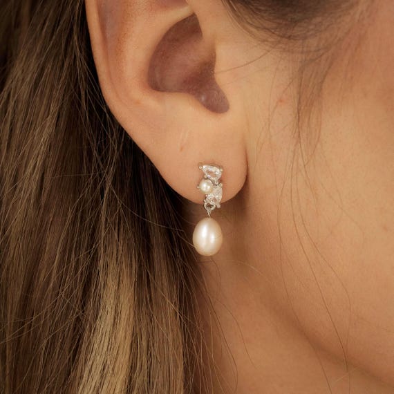 Pearl Drop Earrings | Gold Plated CZ Cluster | YanaAndBloom