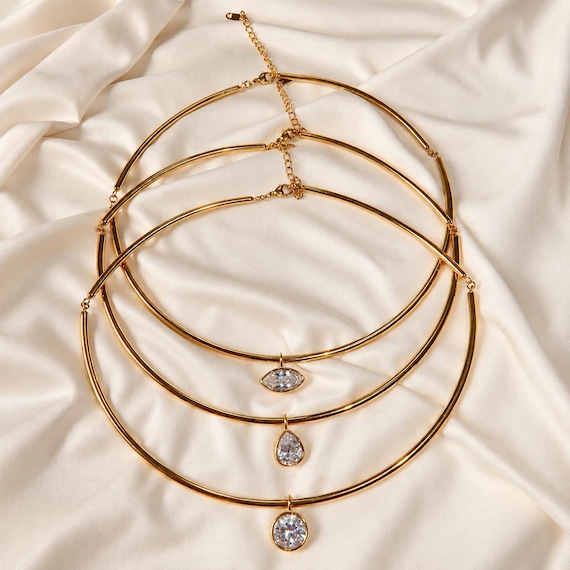 Gold Bridal Cuff Necklace with CZ Drop | YanaAndBloom