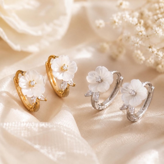 Mother of Pearl Flower Hoop Earrings, Gold Silver Finish, Dainty Floral Jewelry