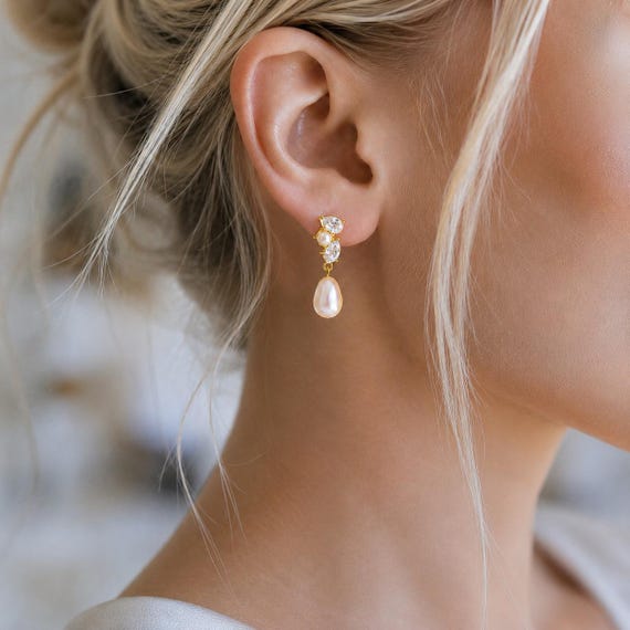 Freshwater Pearl Drop Earrings for Brides | Sterling Silver or Gold Wedding Dangles with CZ Cluster | YanaAndBloom