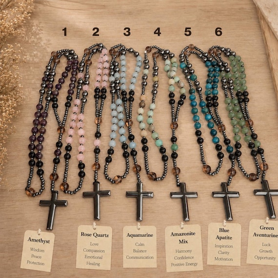 Handmade Natural Stone Rosary Necklace, Hematite Cross, Amethyst, Rose Quartz, Aquamarine