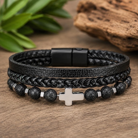 Mens Lava Stone Bracelet with Cross, Black Volcanic Stone and Braided Leather Triple Strand, Magnetic Clasp Christian Jewelry