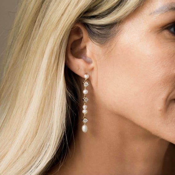 Long Pearl Earrings | Gold Plated CZ Drop | YanaAndBloom
