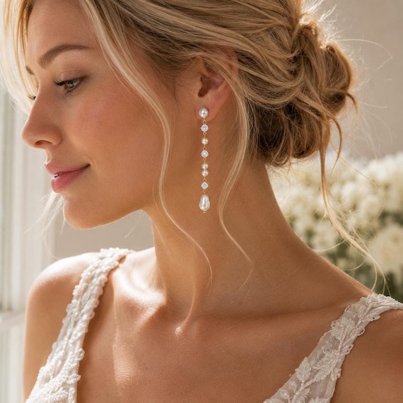 Long Baroque Pearl & CZ Drop Earrings in Gold | YanaAndBloom