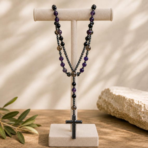 Handmade Amethyst Rosary Necklace, Hematite Cross Pendant, Natural Gemstone Prayer Beads