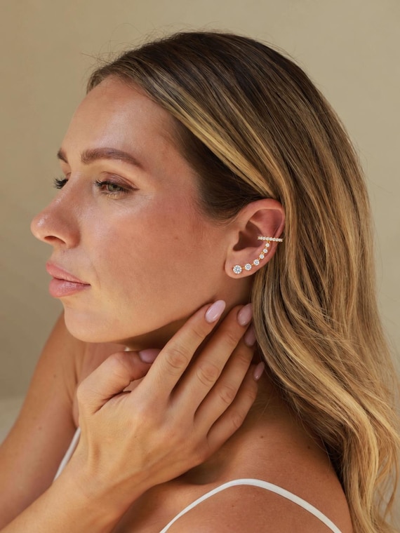 Left Ear Climber Earring with CZ Upper Cuff | YanaAndBloom