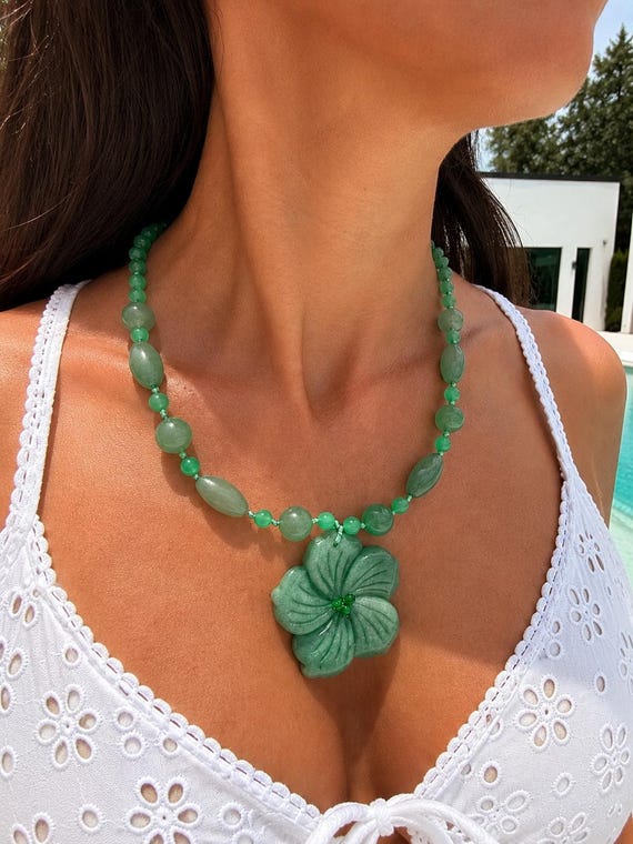 Carved Flower Gemstone Necklace with Natural Stone Beads, Choose Your Healing Crystal