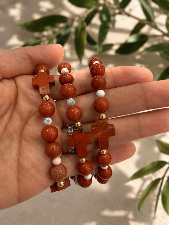 Red Jasper Healing Crystal Bracelet, Root Chakra Grounding Stone, Spiritual Cross Bracelet for Women