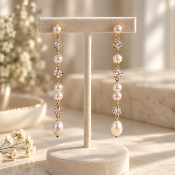 Long Baroque Pearl & CZ Drop Earrings in Gold | YanaAndBloom