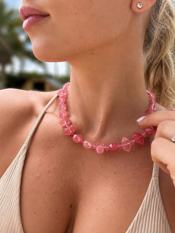 Natural Stone Summer Gemstone Necklace, Handmade Crystal Statement Necklace, Boho Jewelry