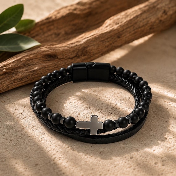 Mens Leather Bracelet with Cross, Matte Black Beaded Triple Strand, Braided Leather Wrap, Magnetic Clasp, Christian Jewelry for Men