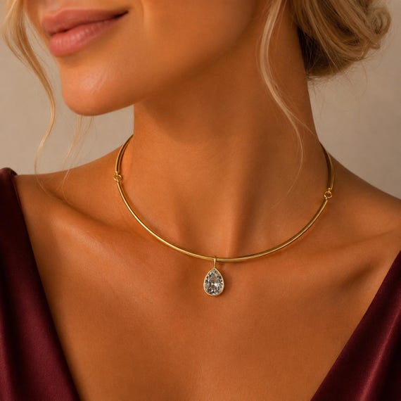 Gold Collar Choker Necklace for Women, Minimalist CZ Pendant Statement Necklace, 18k Gold Plated Bridesmaid Wedding Jewelry