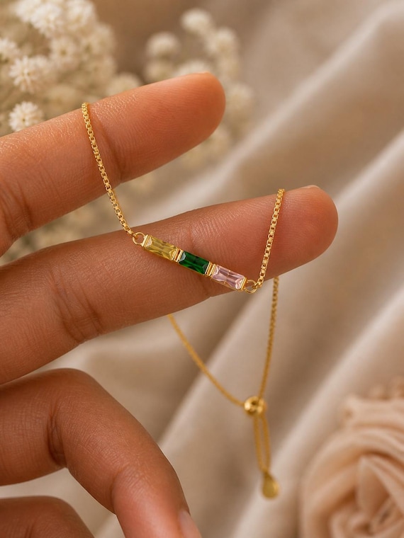 Gold Baguette Gemstone Bracelet for Women, Emerald Pink Zircon Smoky Quartz Crystal Bracelet, Meaningful Gift for Her