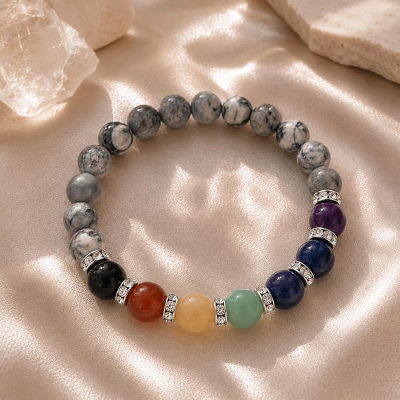 Natural Stone Chakra Bead Bracelet, Gemstone Stretch Bracelet, Handmade Crystal Jewelry, Healing Gift for Her
