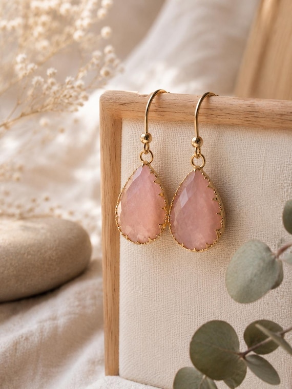 Natural Gemstone Teardrop Earrings, Choose 17 Healing Crystals, Amethyst Rose Quartz Labradorite Black Onyx Gold Dangle Drops