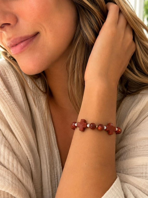 Red Jasper Cross Bracelet for Women, Christian Faith Gift, Natural Gemstone Beaded Stretch Bracelet