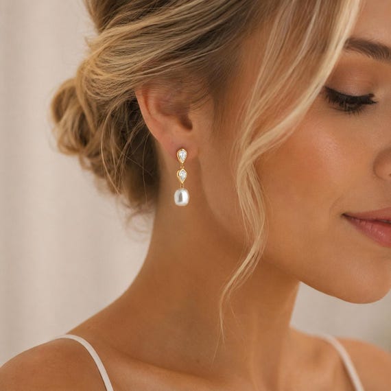 Pearl Drop Earrings in Gold or Silver for Women, Baroque Freshwater Teardrop Pearl with CZ Crystal, Bridal Wedding Bridesmaid Gift