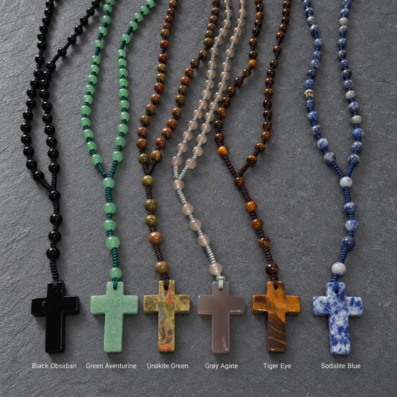 Handmade Natural Stone Rosary Necklace, Christian Cross Jewelry